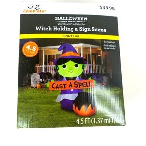 NEW CELEBRATE WITCH HOLDING A SIGN SCENE 4.5 FT LIGHT UP INFLATABLE